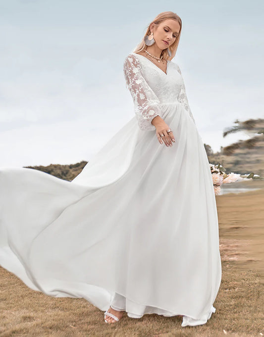 A Line V Neck Ivory Chiffon Sweep Train Boho Wedding Dress with Lace