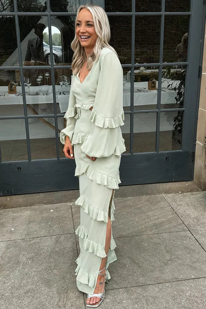 V-Neck Ruffle Maxi Dress with Balloon Sleeves