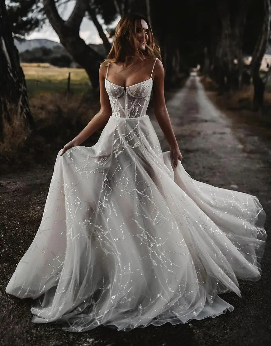 A-Line Spaghetti Neck Sparkly Tulle Wedding Dress