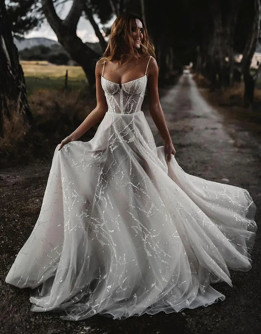 A-Line Spaghetti Neck Sparkly Tulle Wedding Dress
