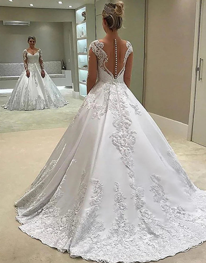 A Line V Neck Long Sleeves White Long Bridal Dress