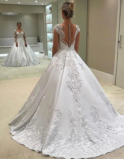 A Line V Neck Long Sleeves White Long Bridal Dress