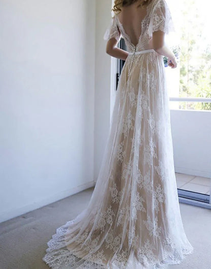A Line V Neck Open Back Ivory Long Bridal Dress