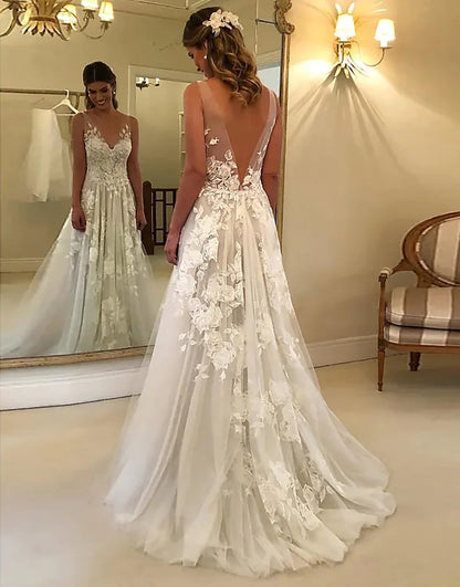A Line V Neck Open Back Ivory Appliques Tulle Bridal Dress