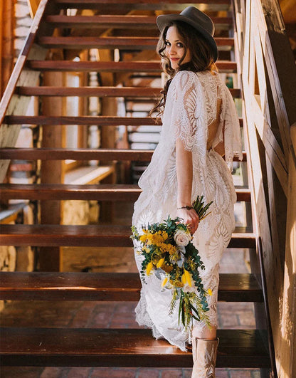 A-line Boho Lace Wedding Dress with Sleeves