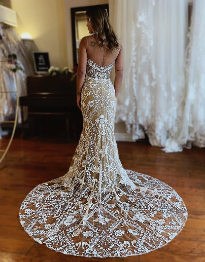 Champagne Boat Neck Mermaid Lace Wedding Dress