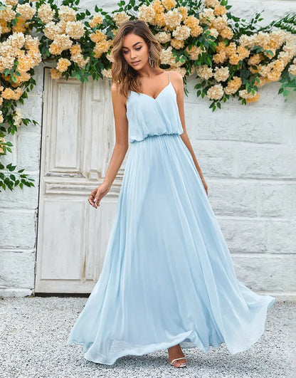 Chiffon V-Neck Spaghetti Straps Sky Blue Long Bridesmaid Dress