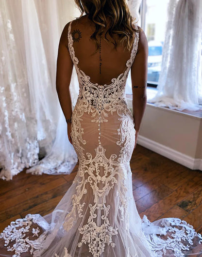 V-Neck Mermaid Long Lace Wedding Dress
