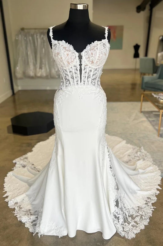 White Appliques Spaghetti Strap Corset Backless Mopping The Floor Mermaid Long Wedding Dress ﻿