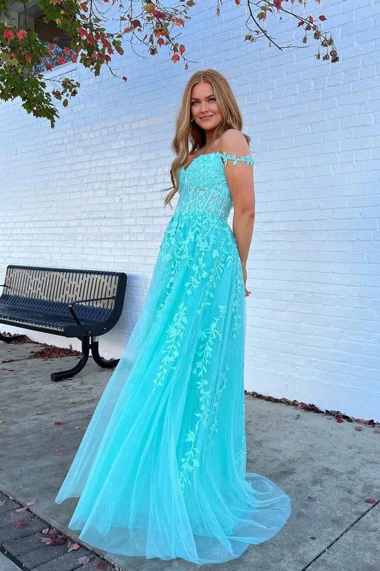 Charming A Line Off the Shoulder Teal Tulle Prom Dresses with Appliques