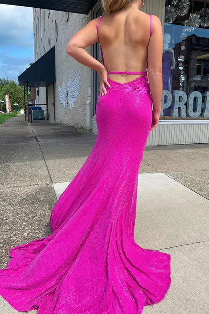 Sparkly Mermaid V Neck Fuchsia Sequins Long Prom Dresses with Appliques