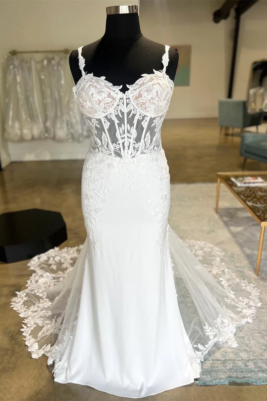 White Sheer Corset Mermaid Spaghetti Strap Mopping The Floor Wedding Dress with Mesh Train