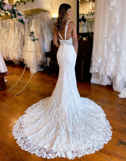 V-Neck Lace Wedding Dress with Slit