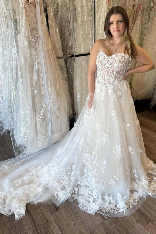 Ivory Strapless Off-the-Shoulder A-Line Wedding Dress with Floral Appliques