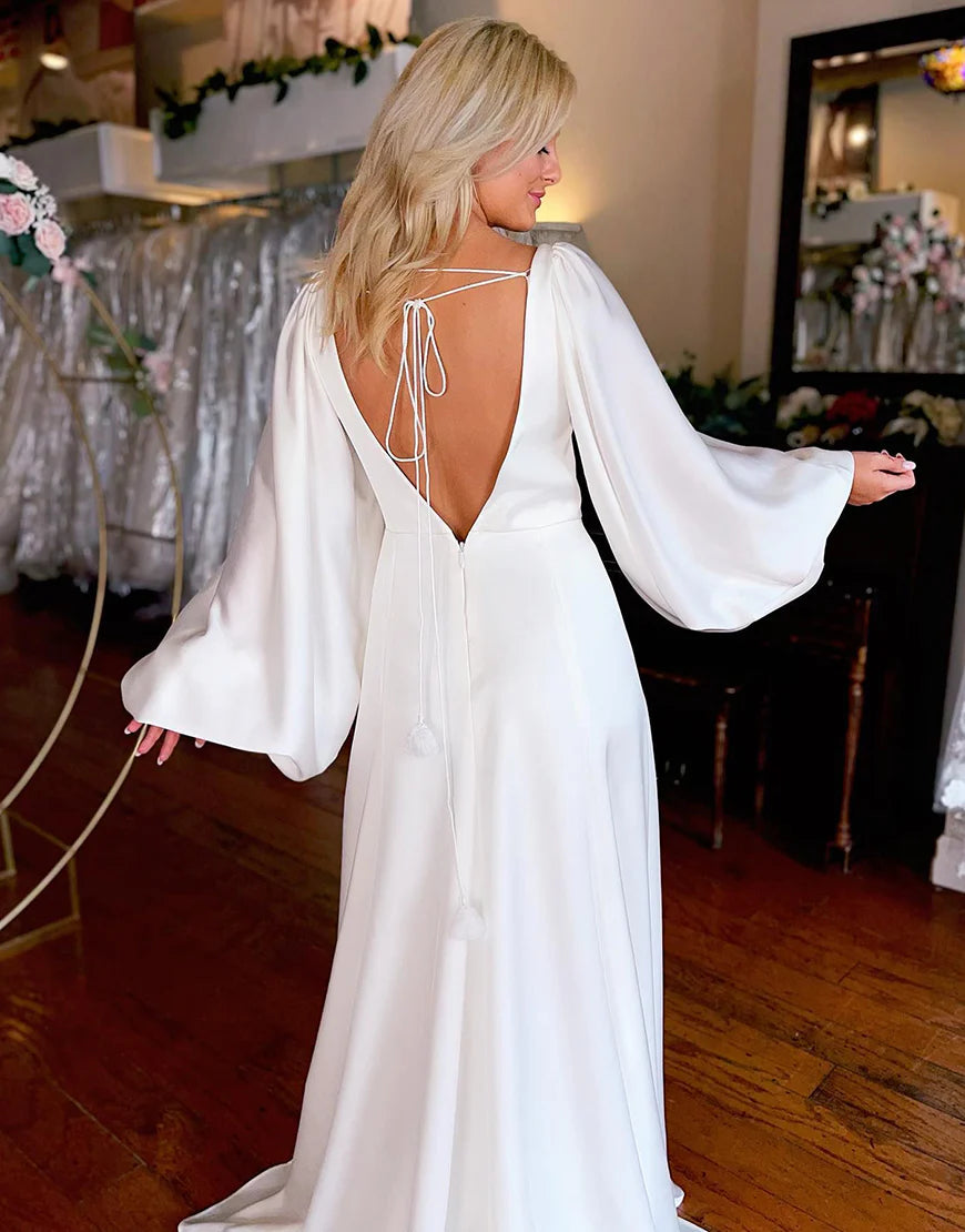 Satin Simple A-Line Long Wedding Dress