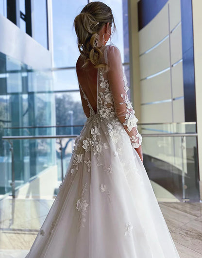 A-Line Deep V-Neck Long Sleeves Wedding Dress