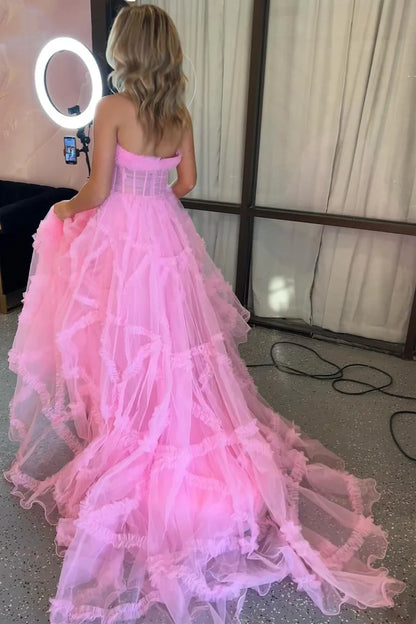 Strapless Ruffles A-Line Long Formal Dress with Puff Sleeves