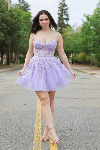 A-Line Strapless Lace Up Short Tulle Homecoming Dress with Appliques