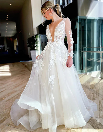 A-Line Deep V-Neck Long Sleeves Wedding Dress
