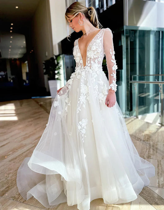 A-Line Deep V-Neck Long Sleeves Wedding Dress