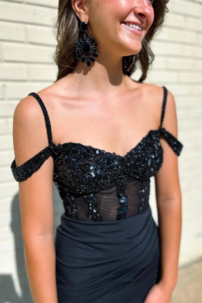 Sequin Cold-Shoulder Mermaid Long Formal Dress with Slit