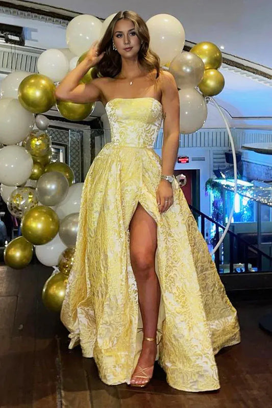 Gorgeus Ball Gown Strapless Off-the-Shoulder Gold Jacquard Satin Long Prom Dresses