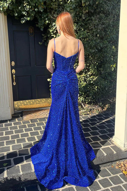 Cute Mermaid Straps Royal Blue Plunge V Spaghetti Strap Sequins Prom Dresses