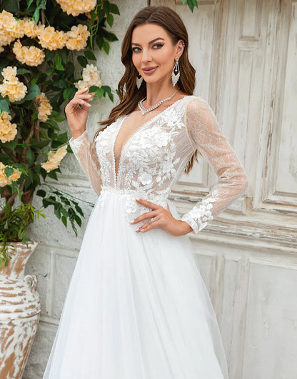 Deep V-Neck Ivory Tulle Sweep Train Wedding Dress with Lace