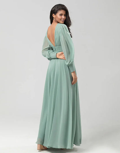 Chiffon Green Long Sleeves/Sleeveless V-Neck Pleats Bridesmaid Dress With Pleated