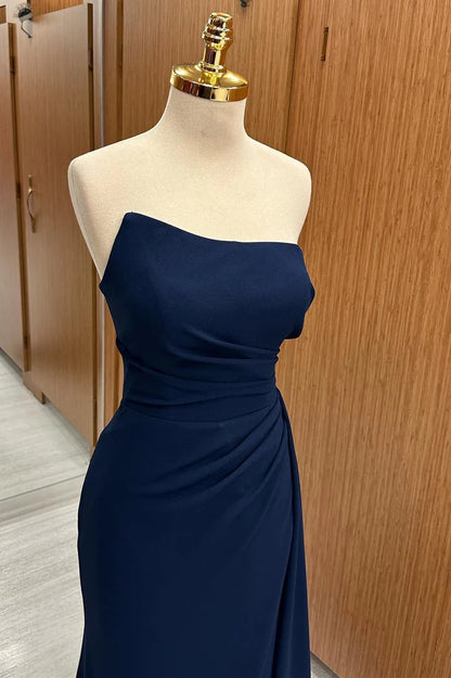 Strapless Ruched Bridesmaid Dress with Slit and Attached Train