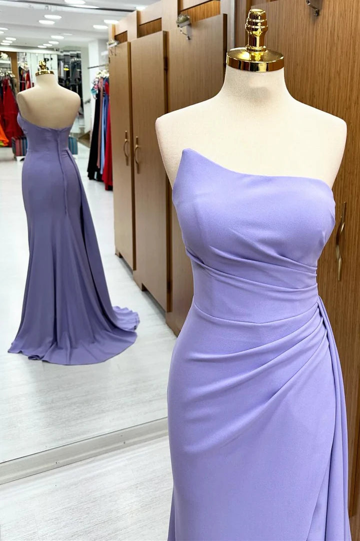 Strapless Ruched Bridesmaid Dress with Slit and Attached Train