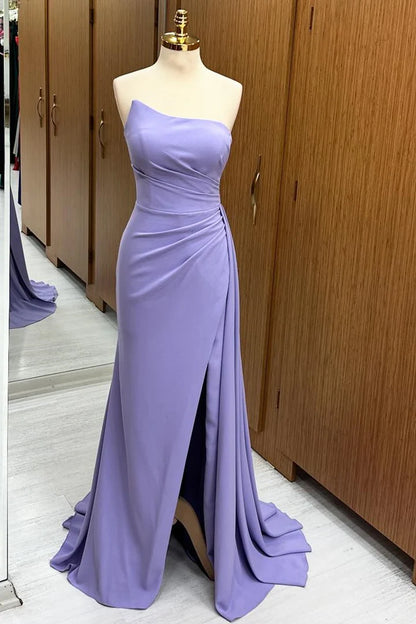 Strapless Ruched Bridesmaid Dress with Slit and Attached Train