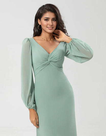 Long Sleeves Green V-Neck Twist-Front Bridesmaid Dress with Slit