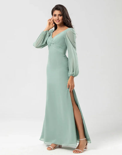 Long Sleeves Green V-Neck Twist-Front Bridesmaid Dress with Slit