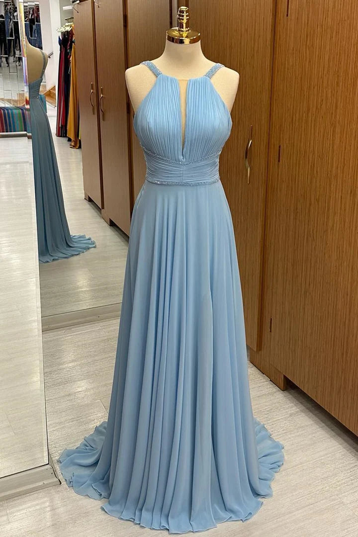 Plunging V Beaded Chiffon Wedding Guest Dress