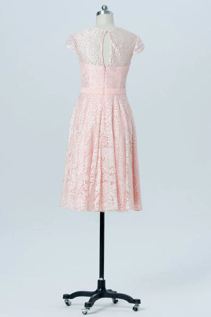 Pink Jacquard V-Neck Lace Short Pleats Bridesmaid Dress with Bow