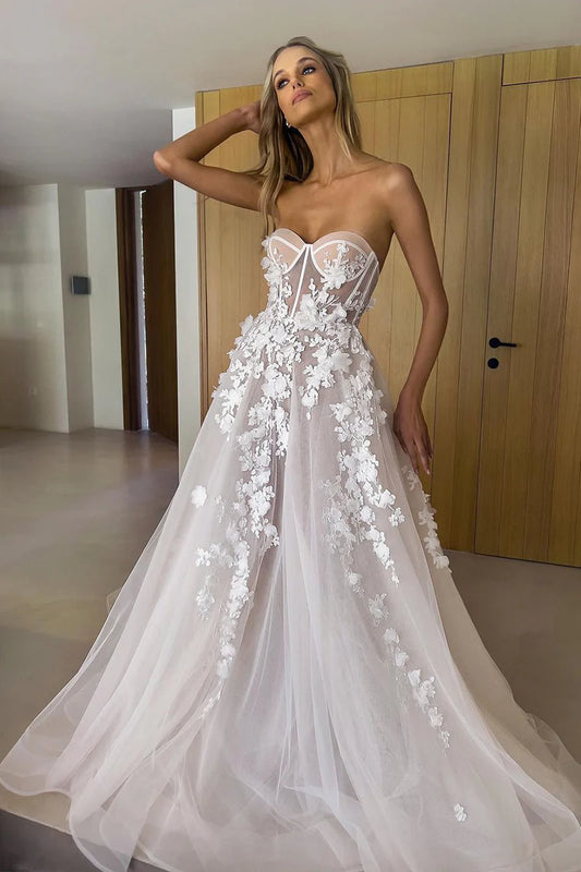 Fairy A Line Off-the-Shoulder Sweetheart Tulle Wedding Dresses with Appliques