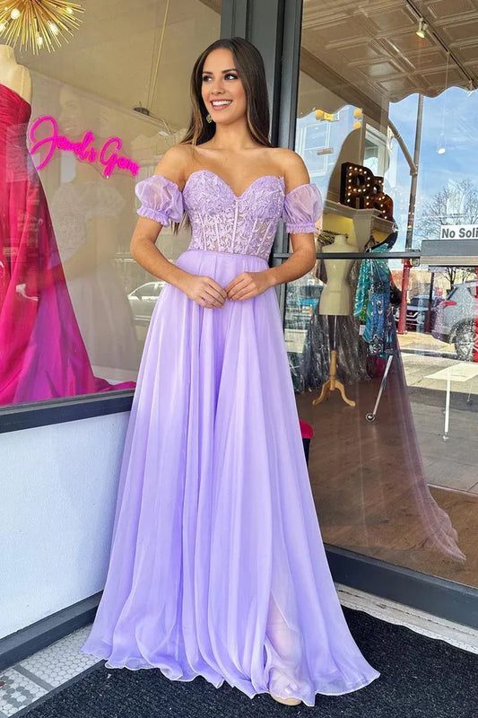 Charming A Line Off-the-Shoulder Sweetheart Lavender Chiffon Prom Dresses with Lace