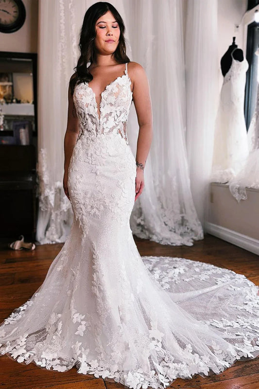Charming Mermaid V Neck Lace Spaghetti Strap Wrap The Buttocks Wedding Dresses with Appliques