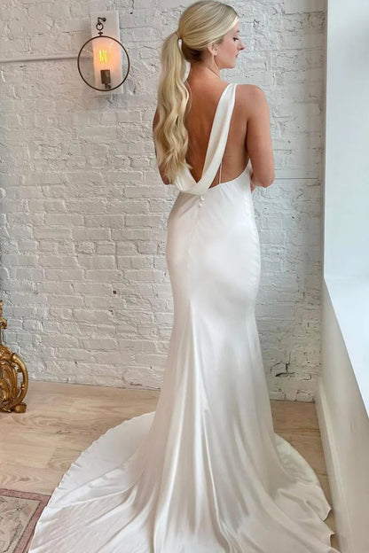 Elegant Mermaid Cowl Neck Round Neck Silk Satin Wrap The Buttocks Wedding Dresses