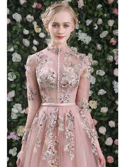 A-Line Cut Out Floral Prom Formal Evening Dress High Neck Long Sleeve Floor Length Organza with Embroidery