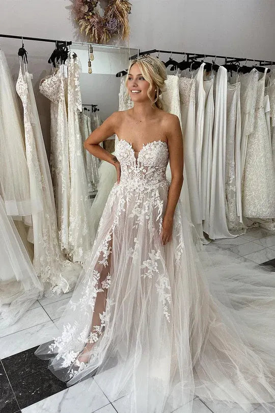 Charming Sweetheart Off-the-Shoulder Lace Tulle Applique Wedding Dresses with Slit