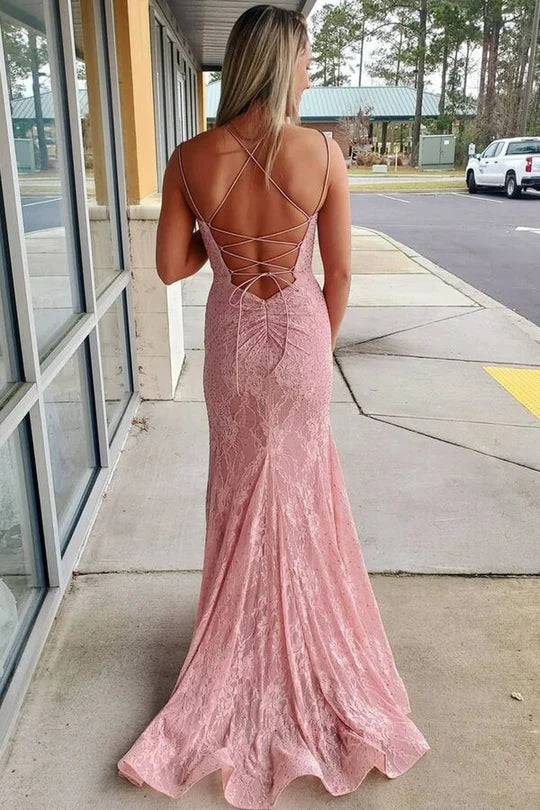 Mermaid  Lace Long Formal Dress with Lace Up Back