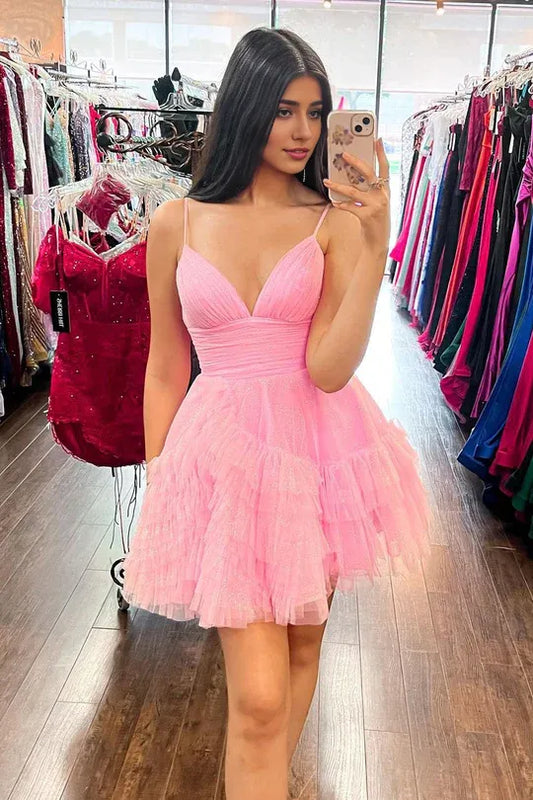 Cute A Line V Neck Spaghetti Strap Pink Tulle Short Homecoming Dresses