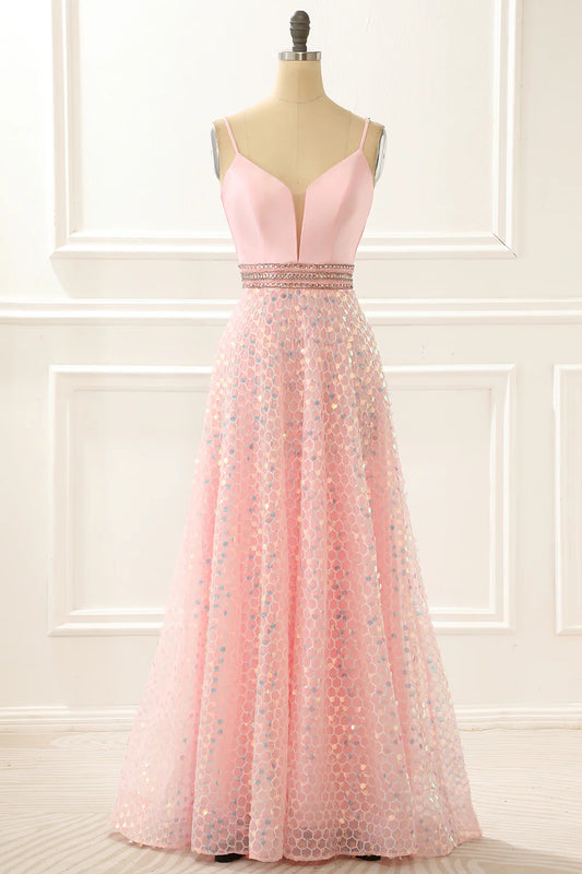 Spaghetti Straps A Line Plunge V Pink Lace-Up Back Prom Dress with Beading