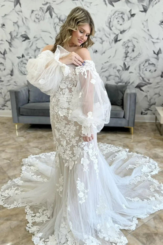 Ivory Applique Off-the-Shoulder Trumpet Wedding Dress with Balloon Sleeves ﻿