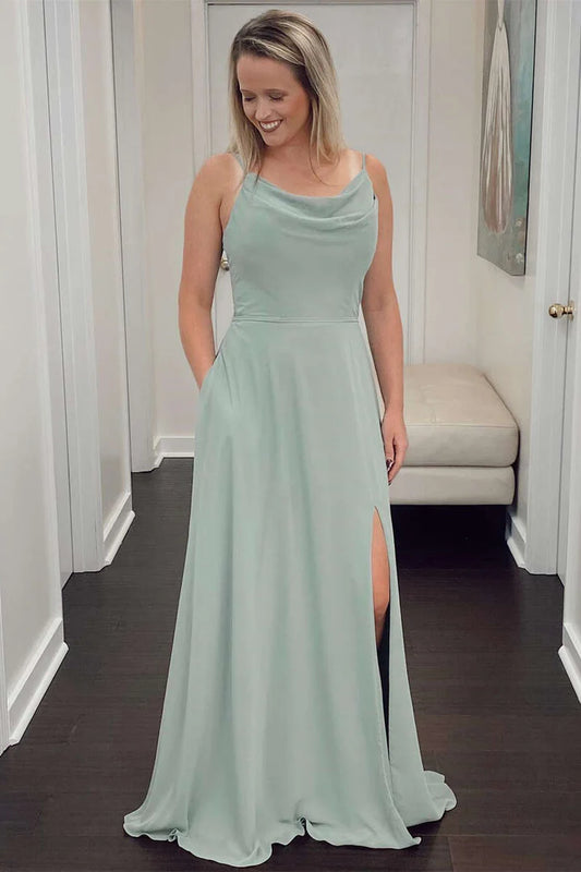 Cowl Neck A-Line Long Bridesmaid Dress with Slit