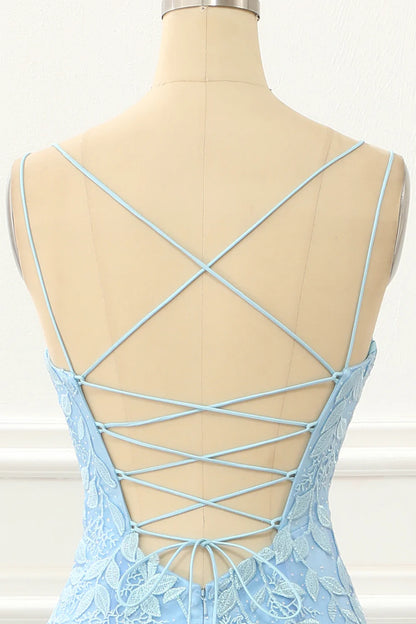 Blue V-Neck Tulle Lace-up Back Mermaid Wrap The Buttocks Prom Dress with Appliques