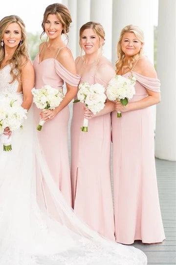 Blush Pink V-Neck Off-the-Shoulder Sweetheart Bridesmaid Dress