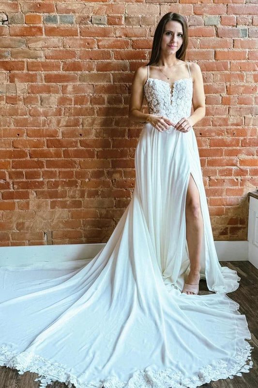 White Appliques Spaghetti Strap Backless Mopping The Floor Long Wedding Dress